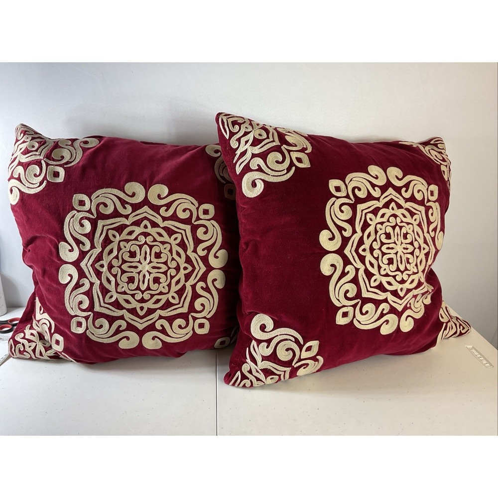 2 Pottery‎ Barn Velvet Embroidered Medallion Pillows 24" Ruby Red Down Insert